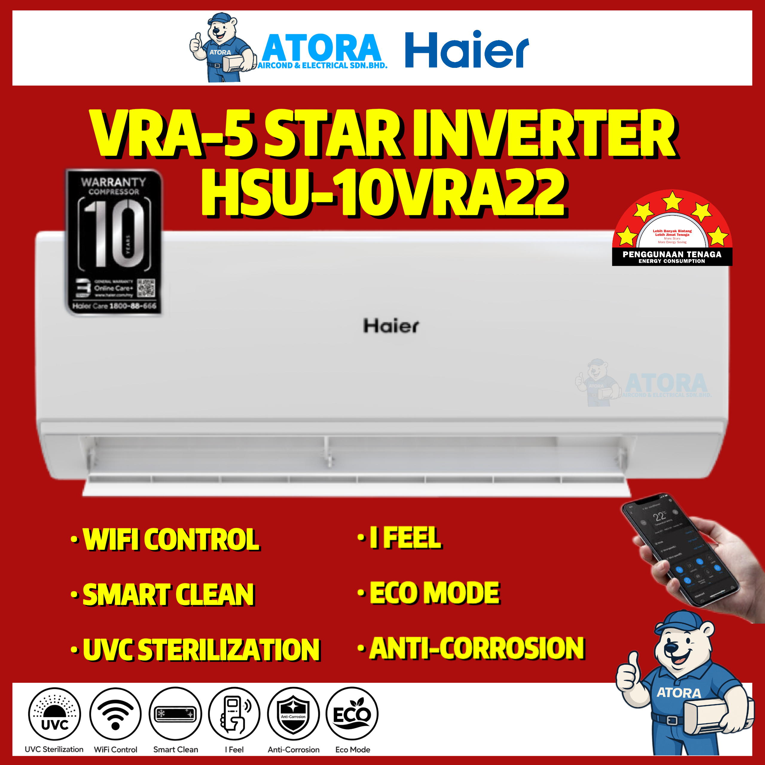 Haier R32 1.0HP Inverter Aircond HSU-10VRA22 5Star