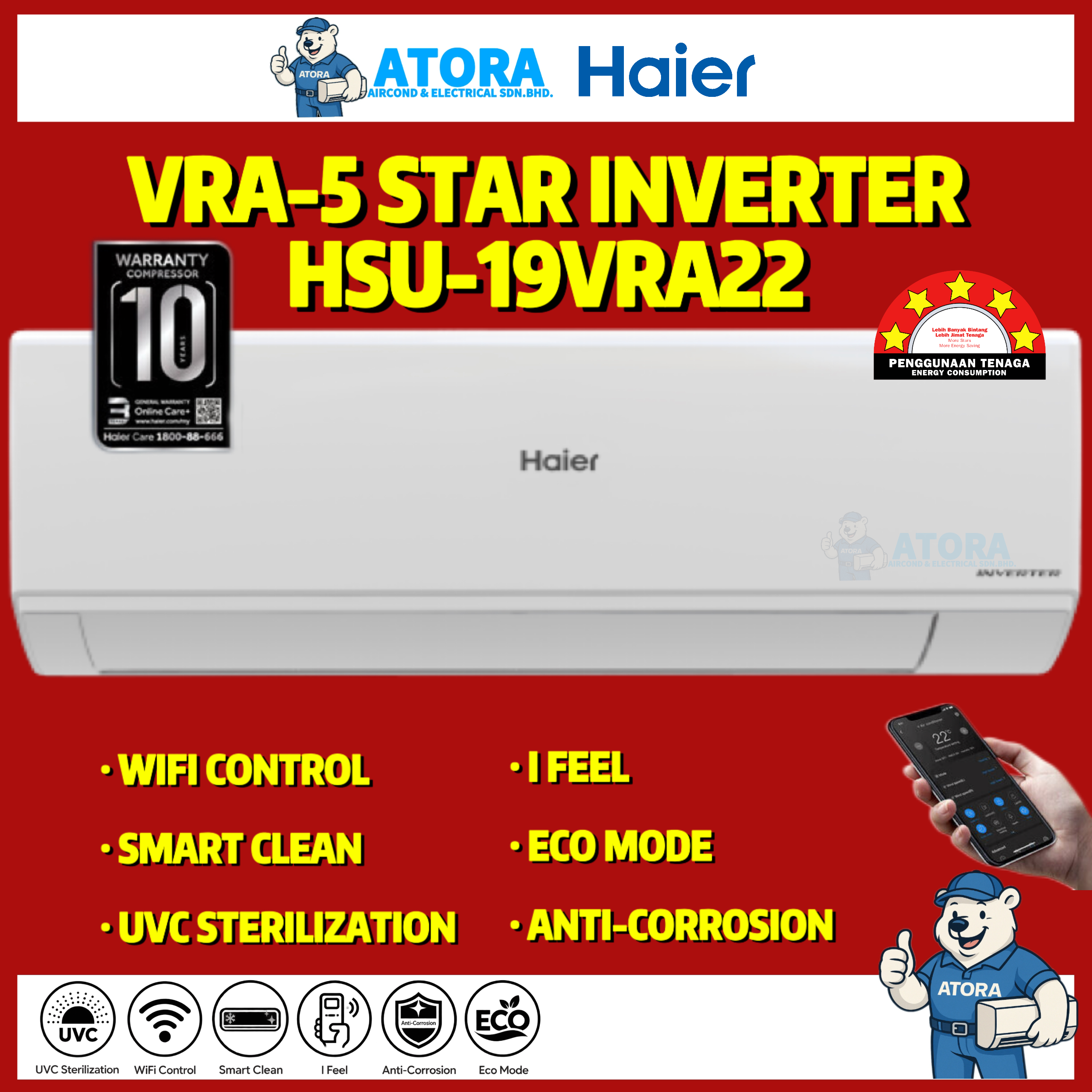 Haier R32 2.0HP Inverter Aircond HSU-19VRA22 5Star
