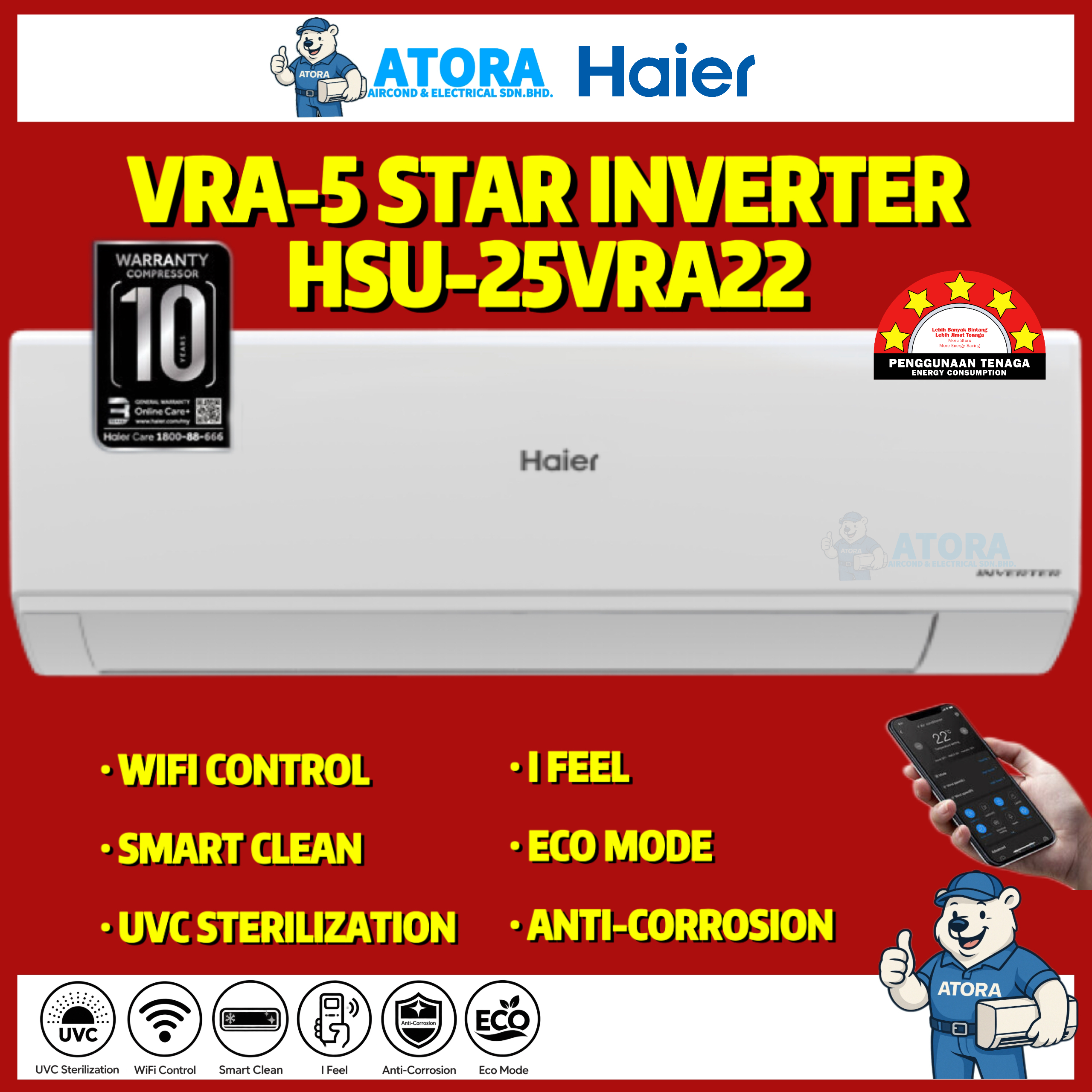 Haier R32 2.5HP Inverter Aircond HSU-25VRA22 5Star