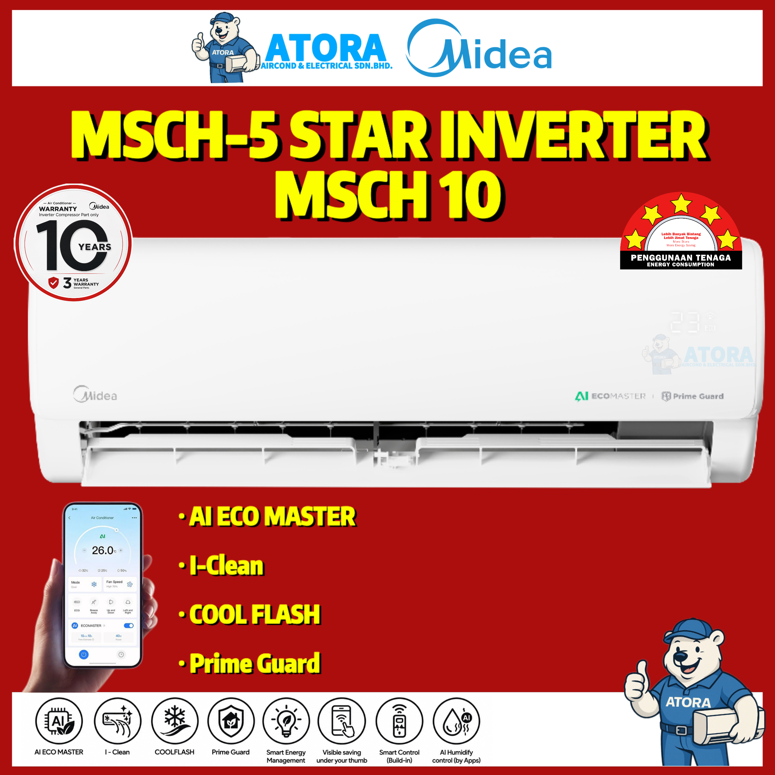 Midea R32 1.0HP Inverter Aircond MSCH-10CRFN8