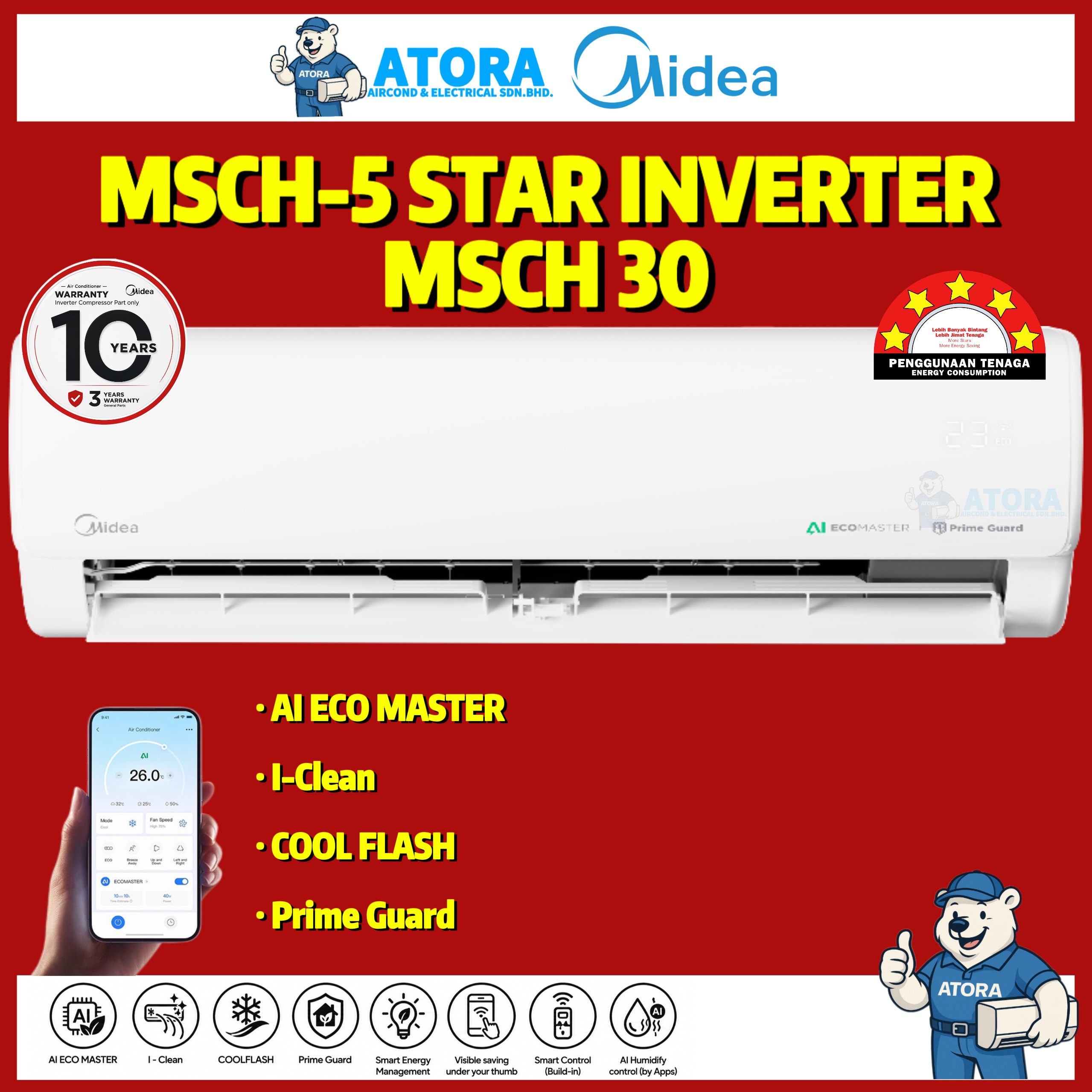 Midea R32 3.0HP Inverter Aircond MSCH-30CRFN8